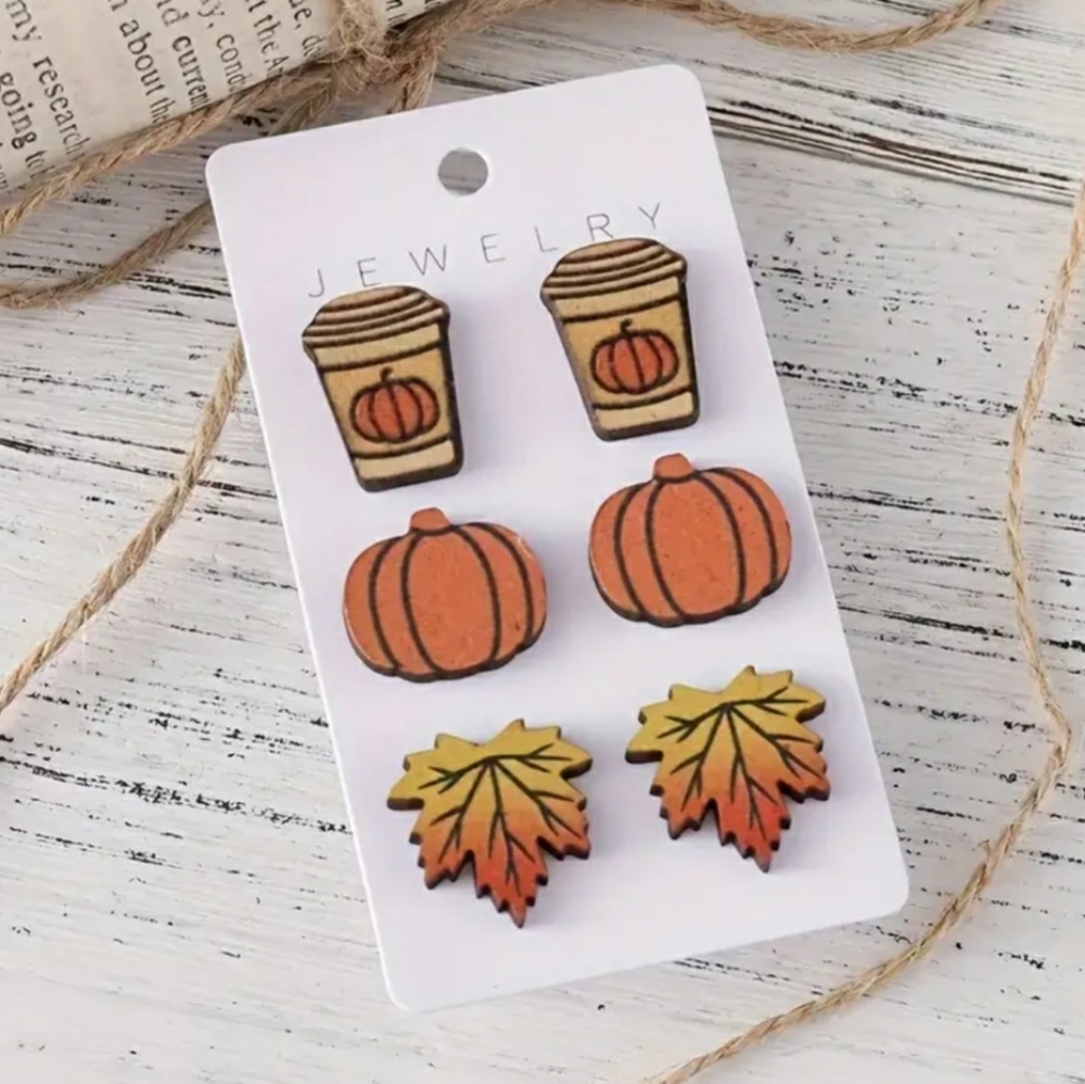 NEW Pumpkin Maple Leaf and Coffee Wooden Earrings Fall Autumn